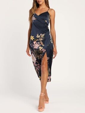 Lulus Remarkable Entrance Navy Blue Floral Print Satin Midi Dress